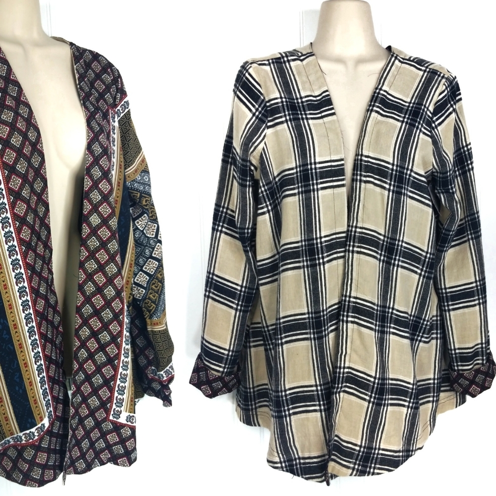 Boutique Reversible Plaid and Paisley Kimono Wrap